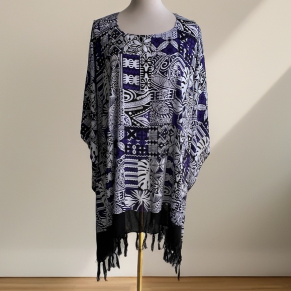 0122/ Black Purple Patterns Poncho with fringed, Tropical Pattern Poncho - Picture 11 of 11